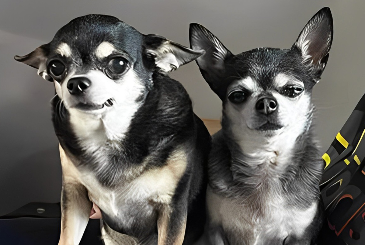 two Chihuahuas standing on a person's lap